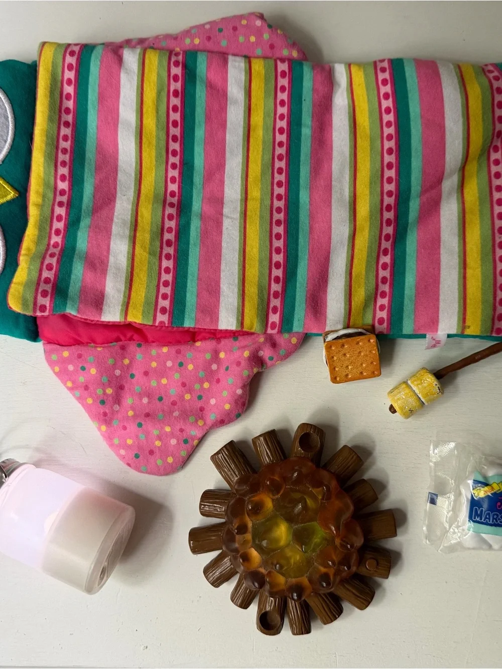 American Girl Wellue Wisher camping set (graham cookies missed) and sleeping bag